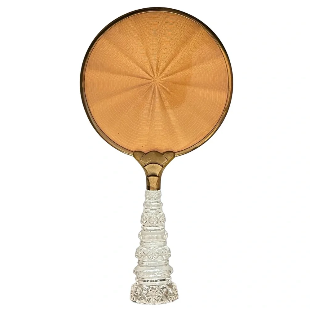 Vintage Gold Plated & Cut Clear Lucite Hand Mirror & Hair Brush (pair of 2) Rare